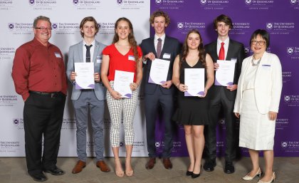 (L-R) Professor Peter Halley, Javan McGuckin, Lilly Van Gilst, Flynn Pearman, Victoria Barnes, James Orman, Professor Vicki Chen. (L-R) Professor Peter Halley, Javan McGuckin, Lilly Van Gilst, Flynn Pearman, Victoria Barnes, James Orman, Professor Vicki Chen.